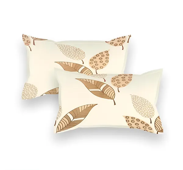 CREAMISH_LEAVES_220_TC_-_Cotton_Elastic_Fitted_King/Queen_Size_Bedsheets_With_2_Pillow_Covers