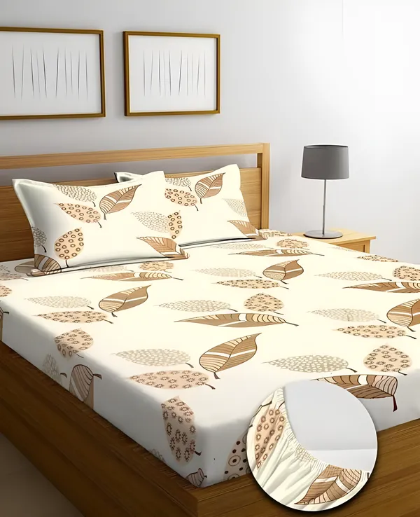 CREAMISH_LEAVES_220_TC_-_Cotton_Elastic_Fitted_King/Queen_Size_Bedsheets_With_2_Pillow_Covers