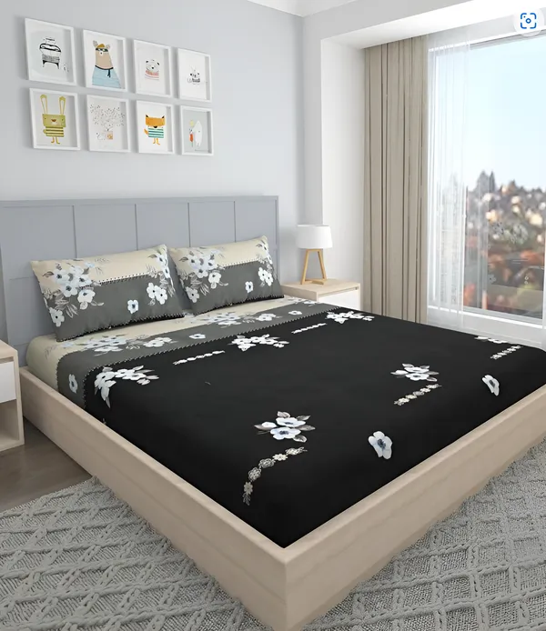 BLACK_AND_GREY_220_TC_-_Cotton_Elastic_Fitted_King/Queen_Size_Bedsheets_With_2_Pillow_Covers