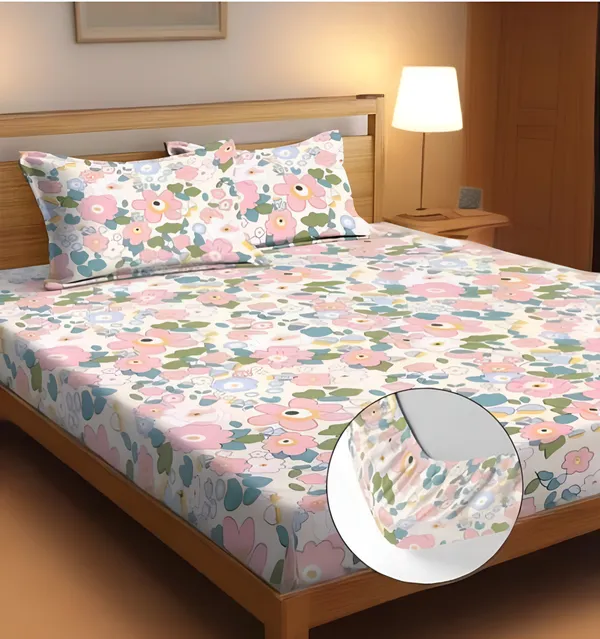 CHHAVI_INDIAN_220_TC_-_MULTICOLOR_Cotton_Elastic_Fitted_King/Queen_Size_Bedsheets_With_2_Pillow_Covers