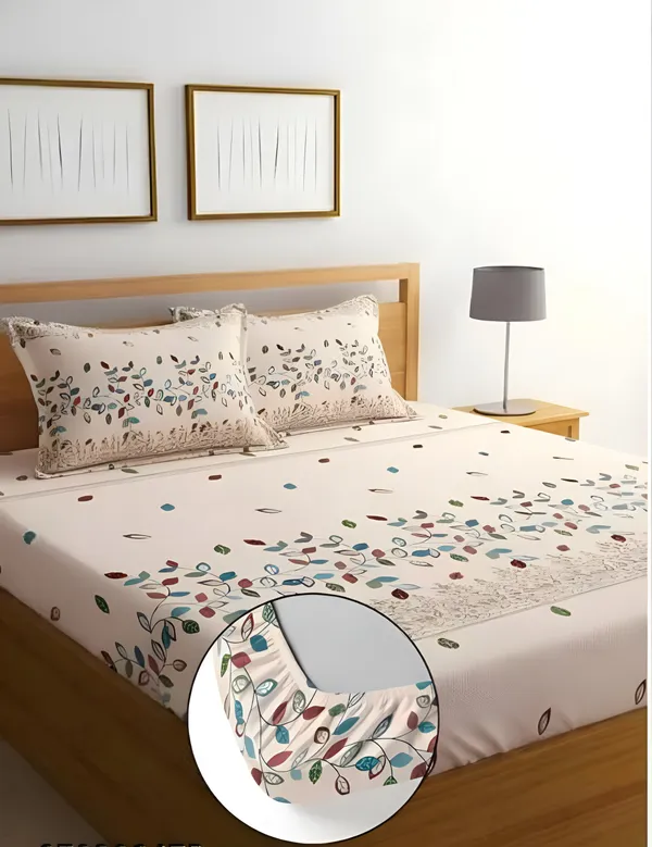 BEIGE_COTTON_220_TC_-_Gold_Cotton_Elastic_Fitted_King/Queen_Size_Bedsheets_With_2_Pillow_Covers