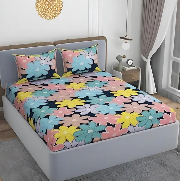 PINK_SUNFLOWER_Premium_Fitted_Elastic_Bedsheet_with_Two_Pillow_Covers_(72X78X_Up_to_10_Inches)_&_360_Degree_Elasticated