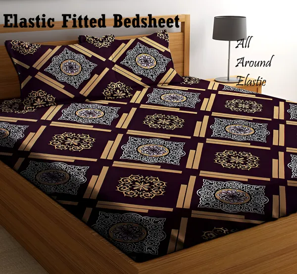 BROWN_CHECK_220_TC_Fitted_Elastic_Bedsheet_with_Two_Pillow_Covers_(72X78X_Up_to_10_Inches)_&_360_Degree_Elasticated