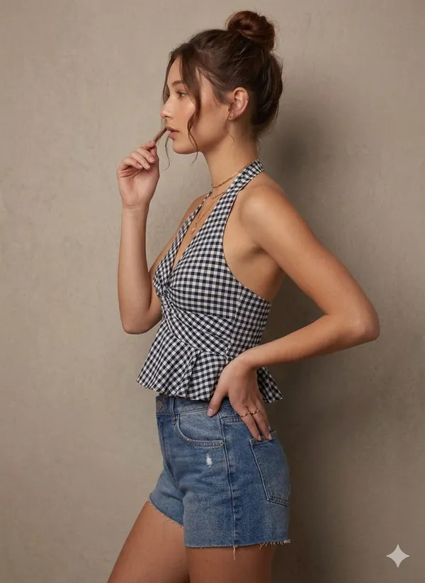 Checked_Halter_Neck_Ruffles_Cotton_Peplum_Top-Black