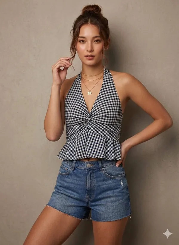 Checked_Halter_Neck_Ruffles_Cotton_Peplum_Top-Black