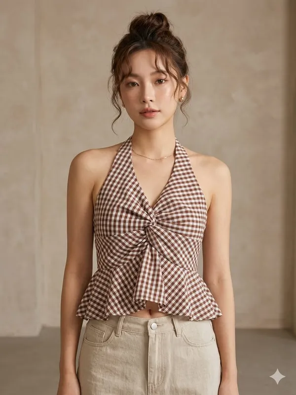 Checked_Halter_Neck_Ruffles_Cotton_Peplum_Top_Dark_brown