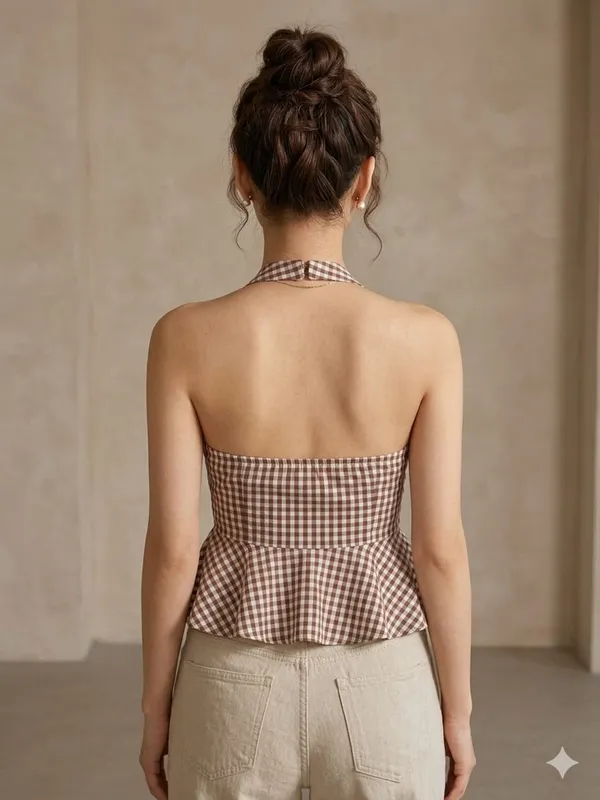 Checked_Halter_Neck_Ruffles_Cotton_Peplum_Top_Dark_brown