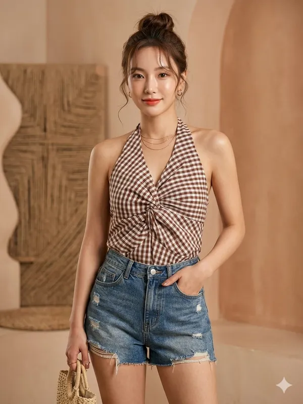 Checked_Halter_Neck_Ruffles_Cotton_Peplum_Top_Dark_brown