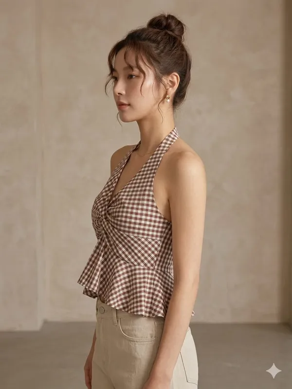 Checked_Halter_Neck_Ruffles_Cotton_Peplum_Top_Dark_brown
