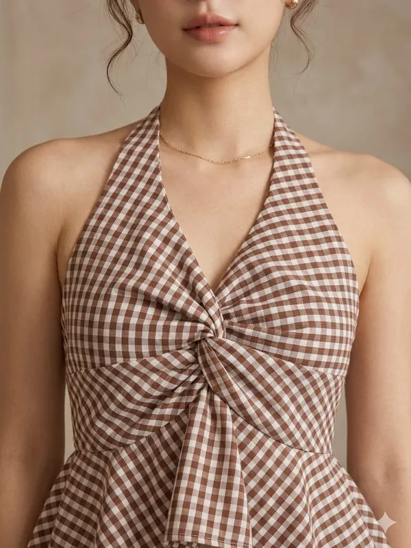 Checked_Halter_Neck_Ruffles_Cotton_Peplum_Top_Dark_brown