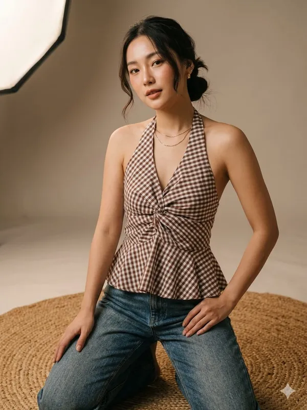 Checked_Halter_Neck_Ruffles_Cotton_Peplum_Top_Dark_brown