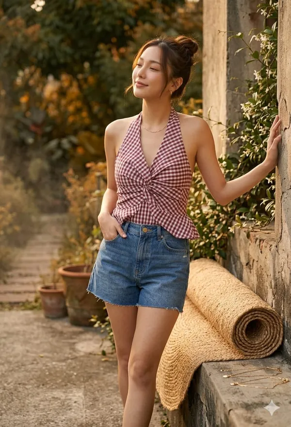 Checked_Halter_Neck_Ruffles_Cotton_Peplum_Top-Maroon