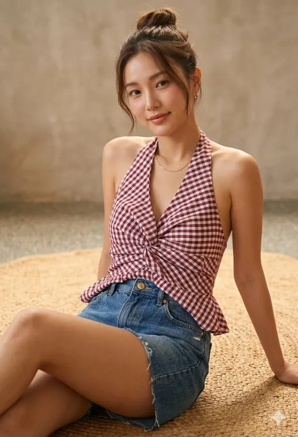 Checked_Halter_Neck_Ruffles_Cotton_Peplum_Top-Maroon