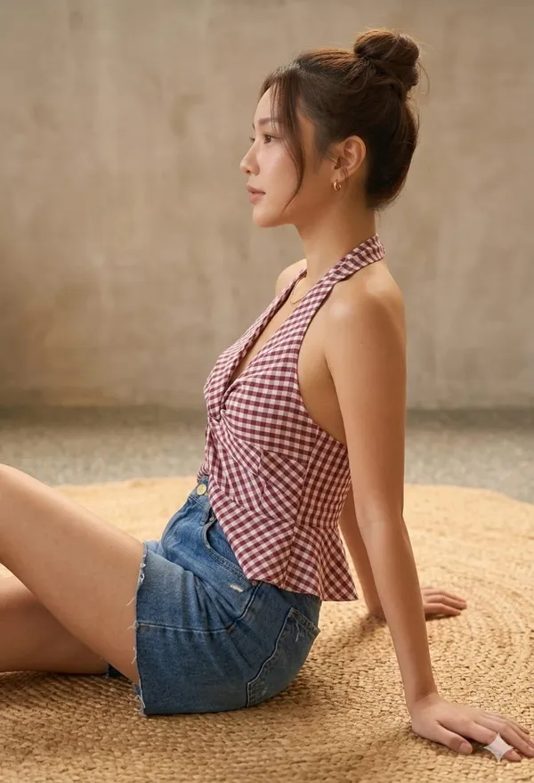 Checked_Halter_Neck_Ruffles_Cotton_Peplum_Top-Maroon