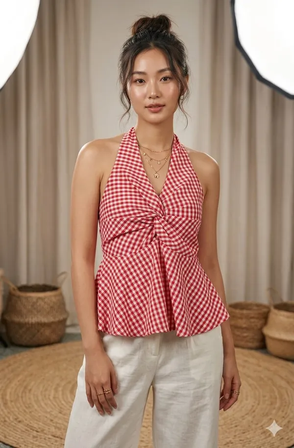 Checked_Halter_Neck_Ruffles_Cotton_Peplum_Top-Red