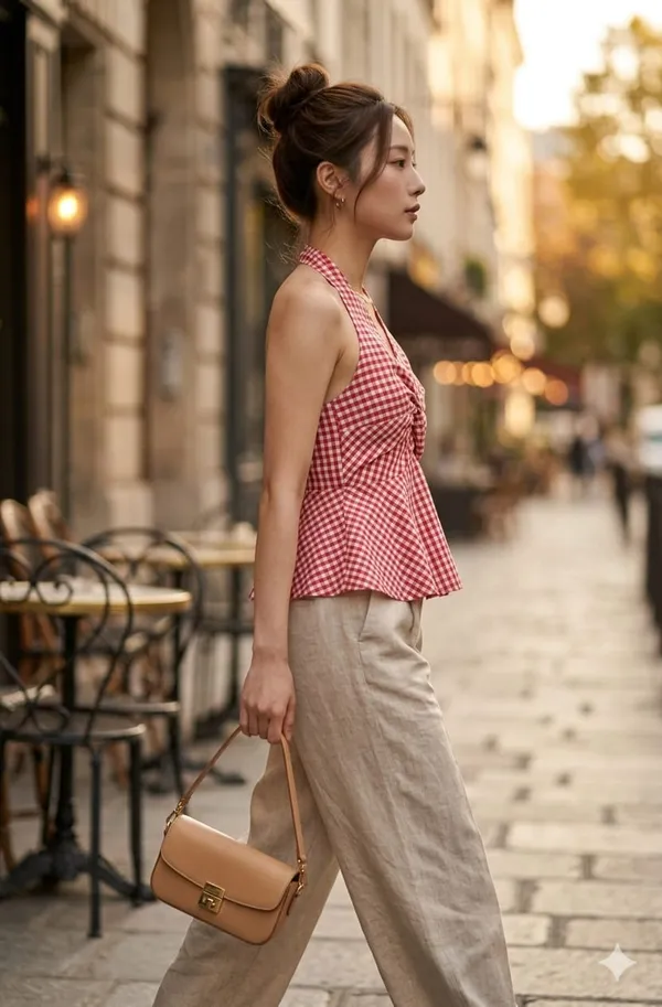 Checked_Halter_Neck_Ruffles_Cotton_Peplum_Top-Red