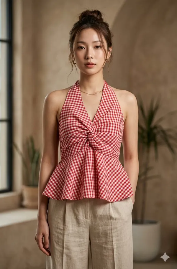 Checked_Halter_Neck_Ruffles_Cotton_Peplum_Top-Red
