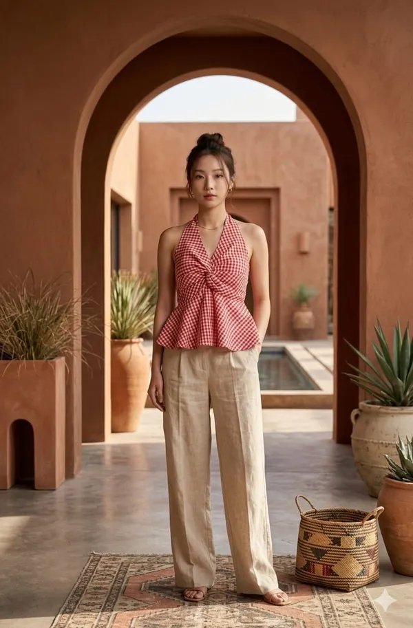 Checked_Halter_Neck_Ruffles_Cotton_Peplum_Top-Red