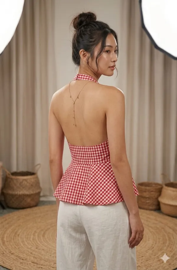 Checked_Halter_Neck_Ruffles_Cotton_Peplum_Top-Red
