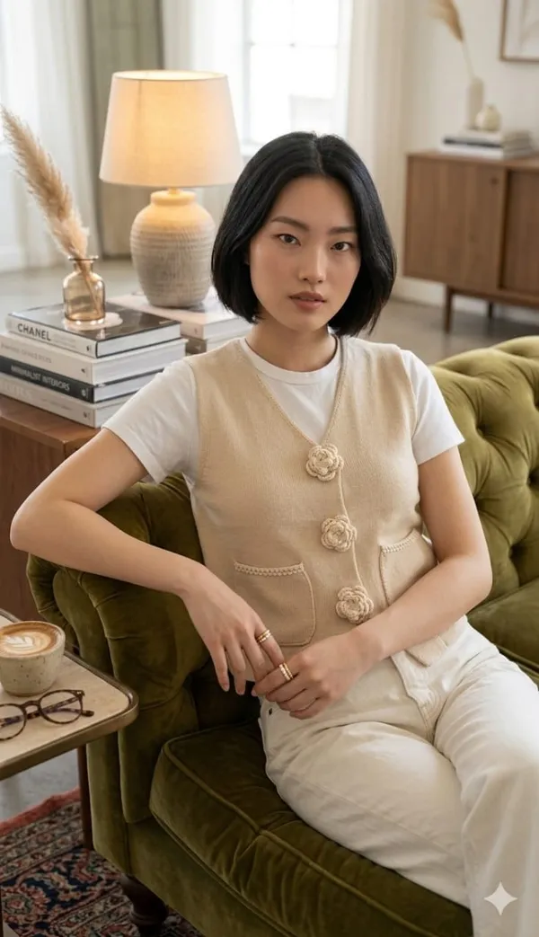 Floral_applique_knitted_Korean_vest_Beige