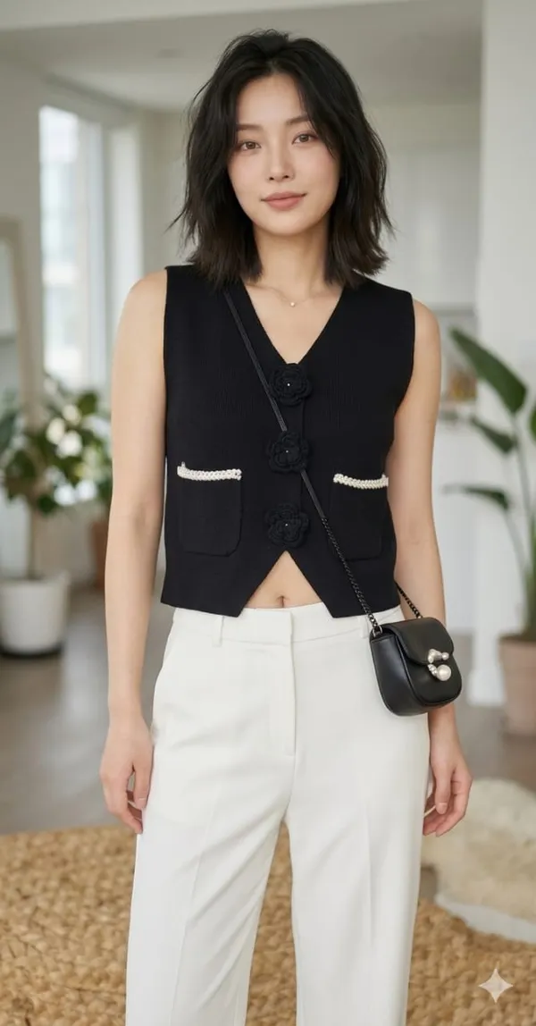 Floral_applique_knitted_Korean_vest_Black