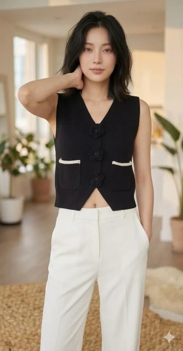 Floral_applique_knitted_Korean_vest_Black