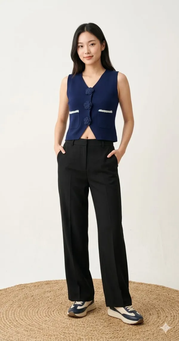 Floral_applique_knitted_Korean_vest_Blue