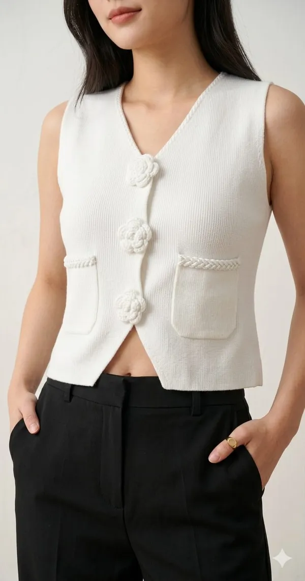 Floral_applique_knitted_Korean_vest_White