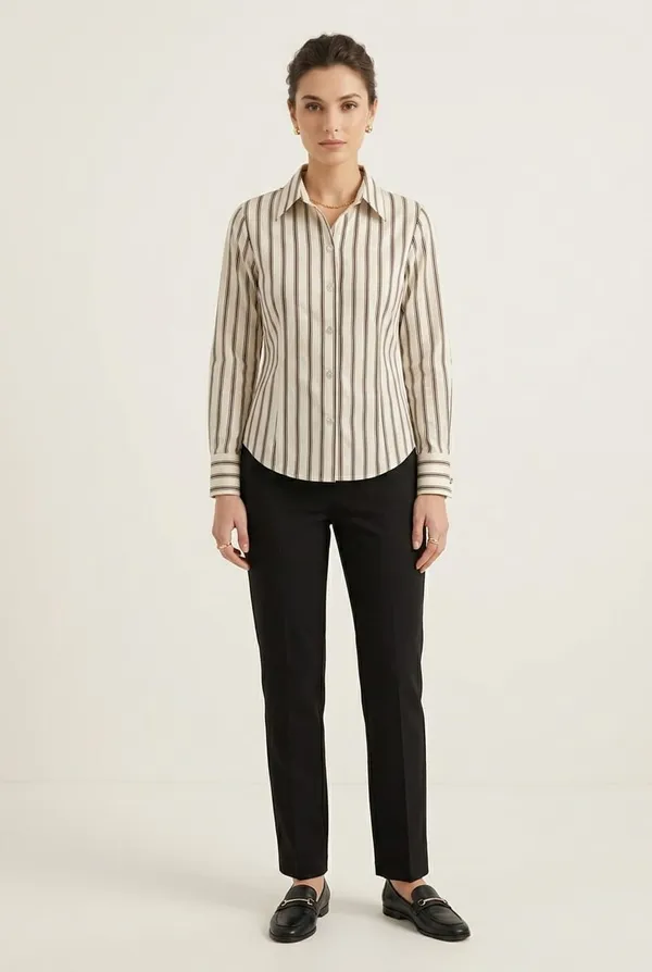 Women_stripe_fitted_shirt_Beige