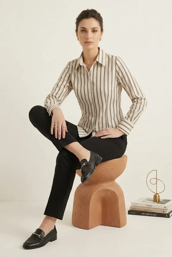 Women_stripe_fitted_shirt_Beige