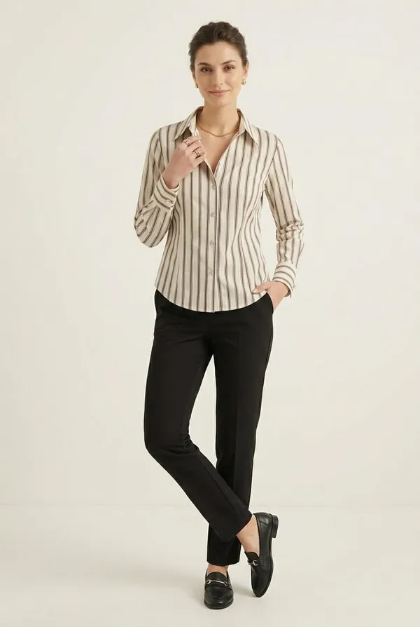 Women_stripe_fitted_shirt_Beige