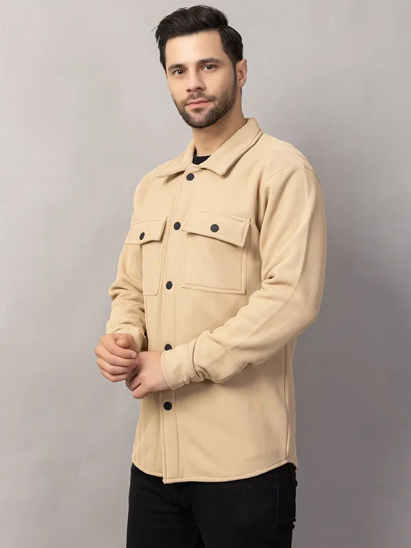 Cream_Felt_Shacket_with_Flap_Pockets_For_Men