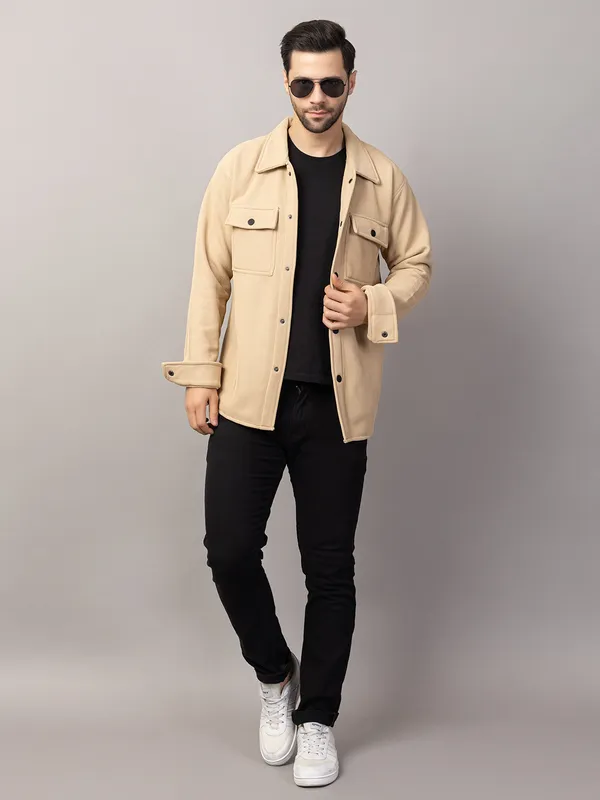 Cream_Felt_Shacket_with_Flap_Pockets_For_Men