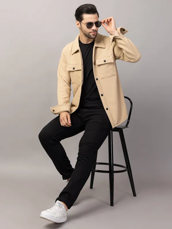 Cream_Felt_Shacket_with_Flap_Pockets_For_Men