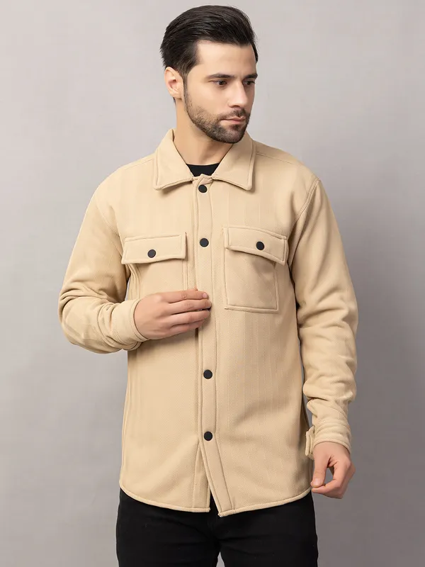 Cream_Felt_Shacket_with_Flap_Pockets_For_Men