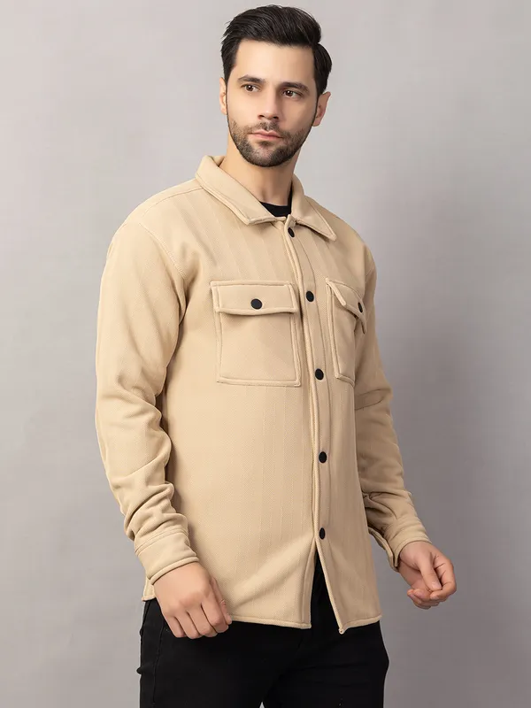 Cream_Felt_Shacket_with_Flap_Pockets_For_Men