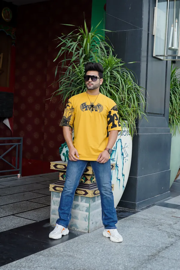Yellow_Cotton_Blend_Printed_Round_Neck_Soft_T-Shirt_For_Men