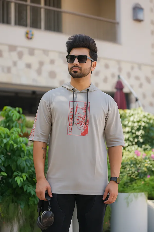 Grey_Cotton_Blend_Printed_Hooded_Neck_Soft_T-Shirt_For_Men
