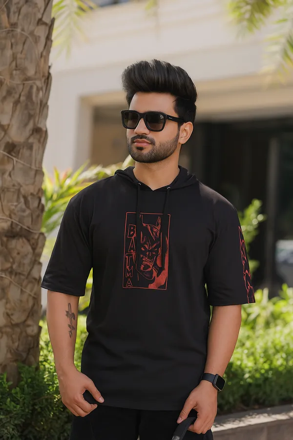 Black_Cotton_Blend_Printed_Hooded_Neck_Soft_T-Shirt_For_Men