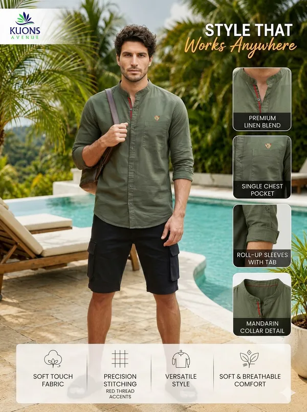Kuons_Avenue_Men's_Dark_Olive_Linen_Cotton_Casual_Shirt