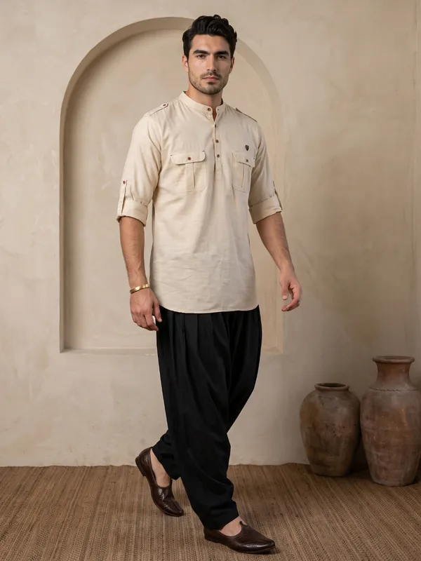 Kuons_Avenue_Men’s_Beige_Linen_Cotton_Pathani_Kurta