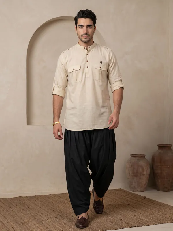 Kuons_Avenue_Men’s_Beige_Linen_Cotton_Pathani_Kurta
