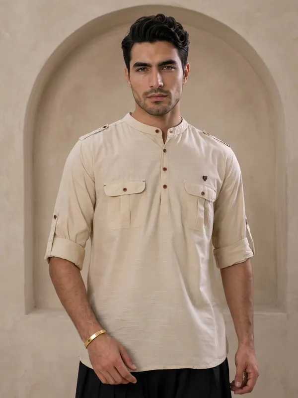Kuons_Avenue_Men’s_Beige_Linen_Cotton_Pathani_Kurta