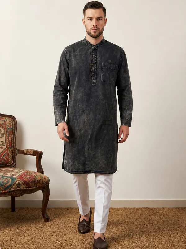 Kuons_Avenue_Men's_Black_Cloud_Washed_Denim_Long_Kurta