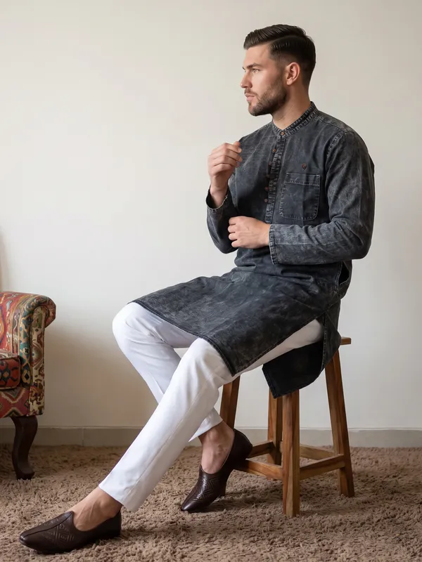 Kuons_Avenue_Men's_Black_Cloud_Washed_Denim_Long_Kurta