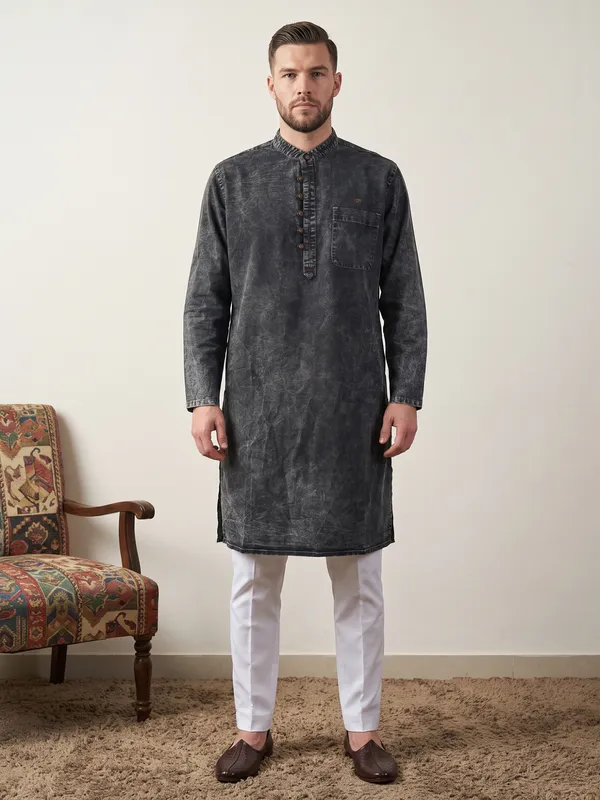 Kuons_Avenue_Men's_Black_Cloud_Washed_Denim_Long_Kurta