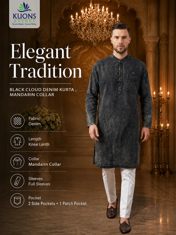 Kuons_Avenue_Men's_Black_Cloud_Washed_Denim_Long_Kurta