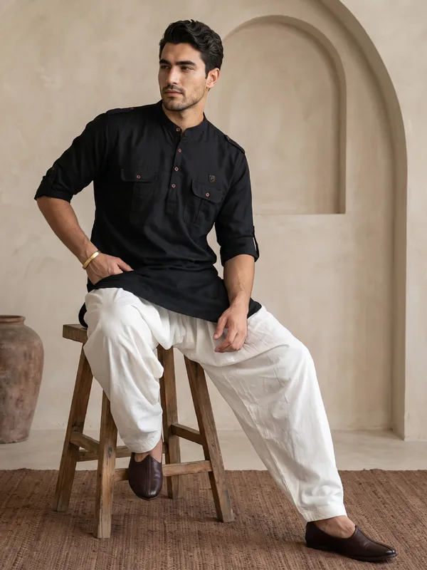 Kuons_Avenue_Men’s_Black_Linen_Cotton_Pathani_Kurta