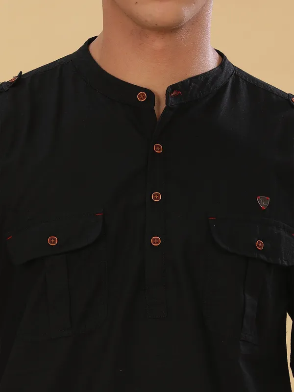 Kuons_Avenue_Men’s_Black_Linen_Cotton_Pathani_Kurta