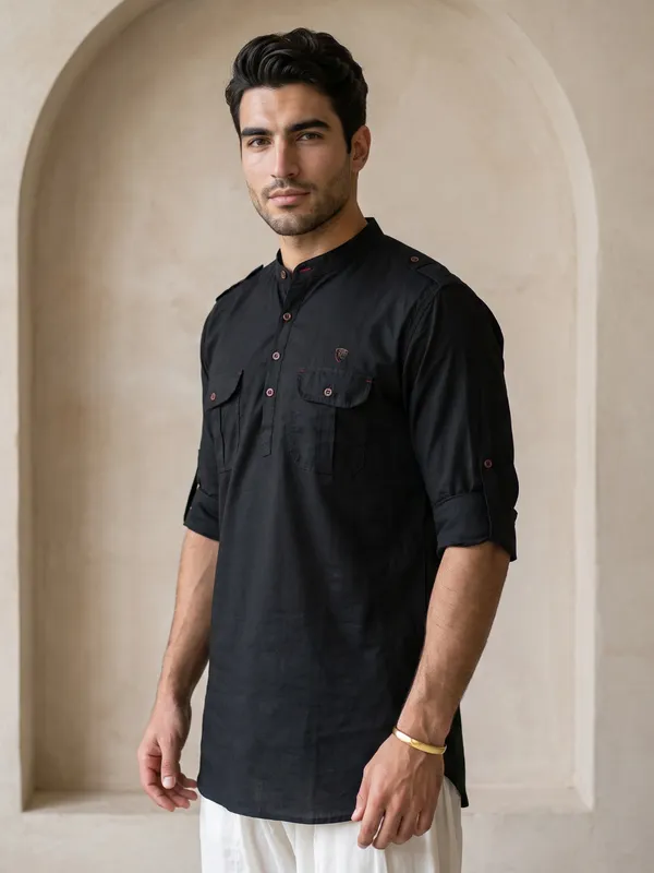 Kuons_Avenue_Men’s_Black_Linen_Cotton_Pathani_Kurta